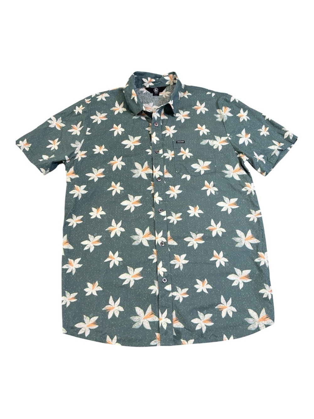Volcom Warbler Floral Hawaiian Shirt Men's Large Green Cotton Button Up